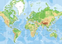 Karta svijeta geografska, države, uzvisine Mercatorova projekcija